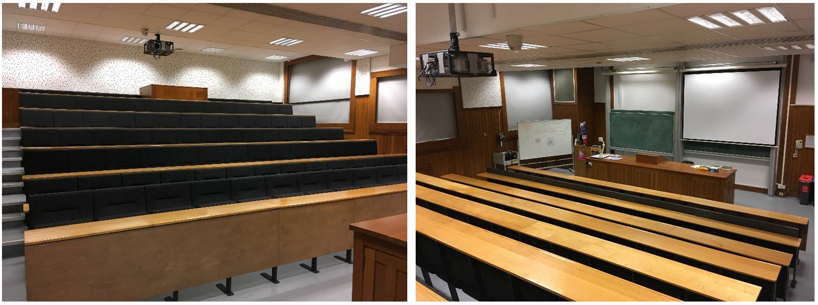 Rows of tiered seats facing the teaching wall